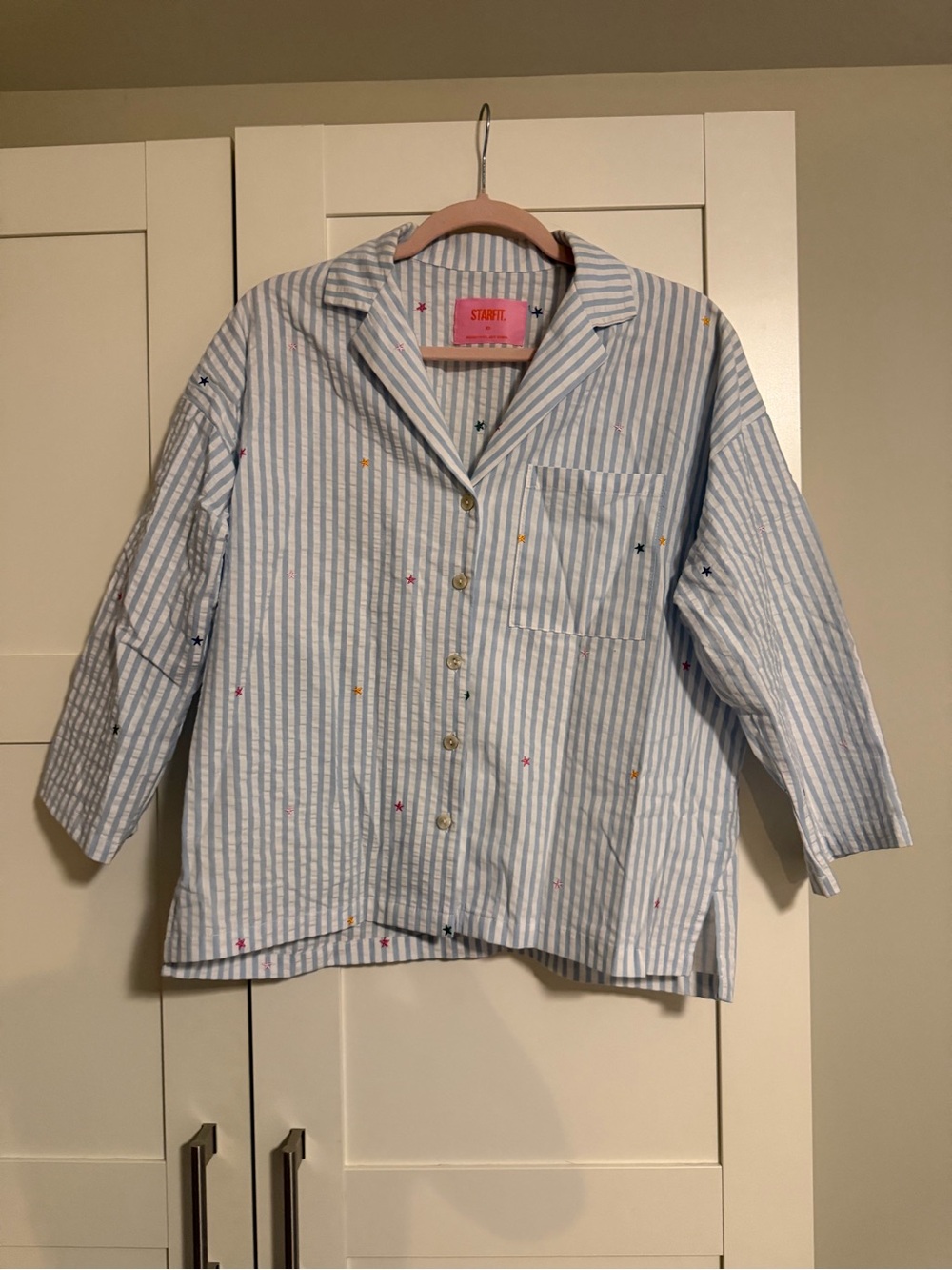 STARTER Light Blue & White Striped Button-Up Top with Multicolor Accents
